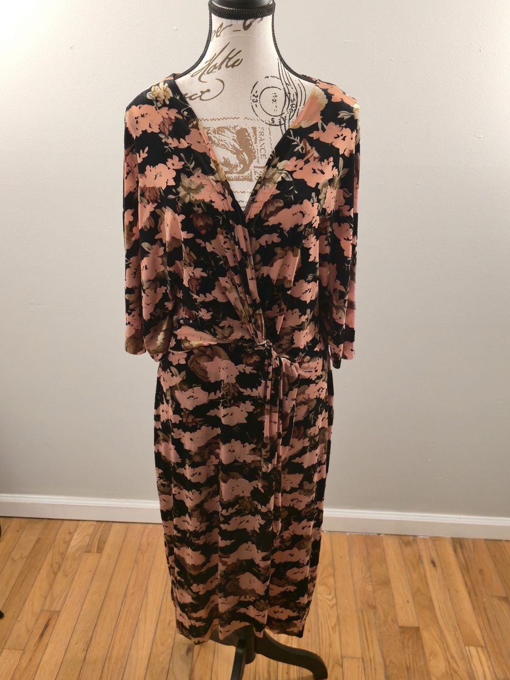 ModCloth Black and Blush Floral Wrap Midi Dress